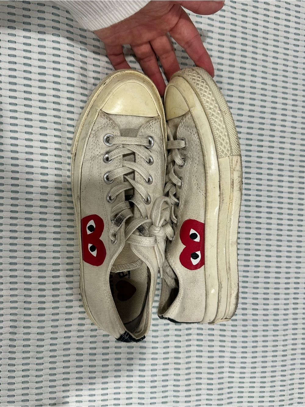 Comme des Garcons Cream Canvas Low-Top Sneakers with Red Heart Patch